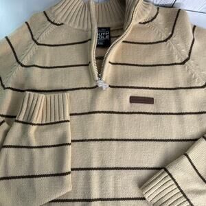 South Pole Mens XXL Cream Brown Striped Quarter Zip Pullover Sweater Y2K VTG